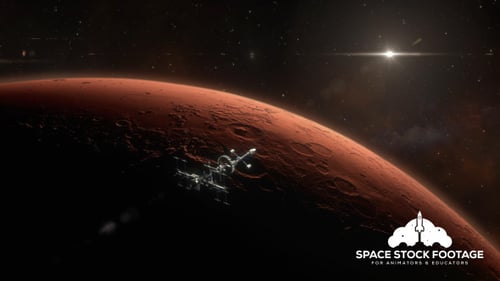 Futuristic Space Station Orbiting a Red Planet in Deep Space