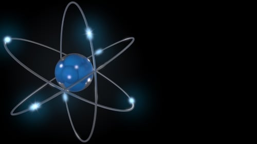 Blaues stilisiertes Atom und Elektronen