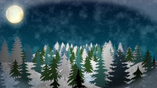 Animated Snowy Forest Scene with Full Moon and Falling Snow