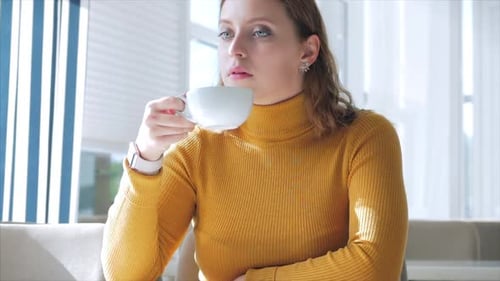 Portrait Close Up of Happy Pretty Young Woman, Girl Sitting in a Cafe, Drinking Morning Coffee