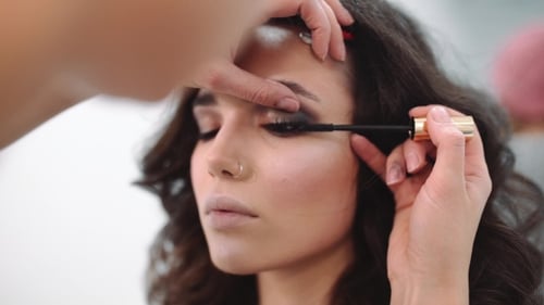 Make Up Artist Paints Lashes, Beautiful Sexy Woman At The Beauty Salon, Pretty Girl Making Make Up