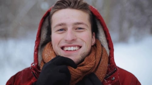 Happy Man In Winter Jacket With Hood Outdoors 12