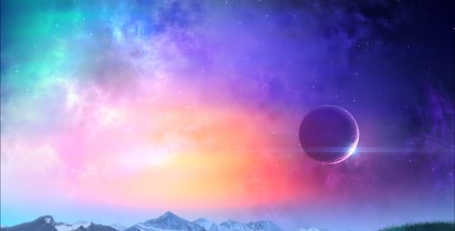 Dreamlike Planet Rising in Vibrant Nebula Sky Background