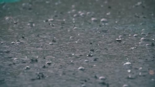 Während eines Regensturms fallen große Regentropfen in eine Pfütze