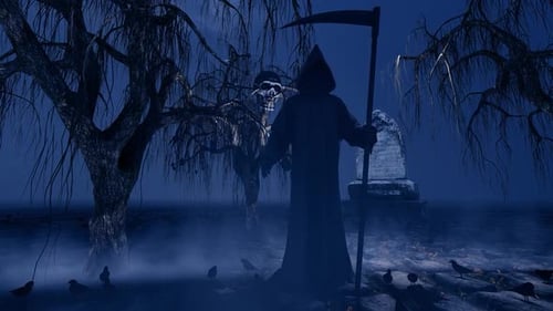 Skulls and the Grim Reaper in the Night Cemetery