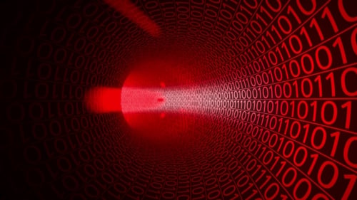 Vol à travers un tunnel rouge abstrait fait de zéros et de uns