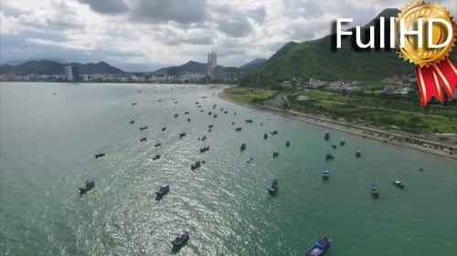 Aerial View of the Sea, Fishing Boats, City