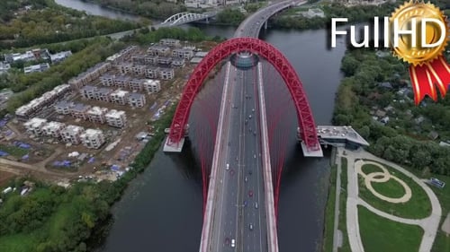 Aerial View of Highway, Bridge, River and City