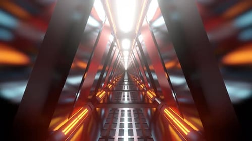 Futuristic Sci-Fi Tunnel Flight with Glowing Orange Lights