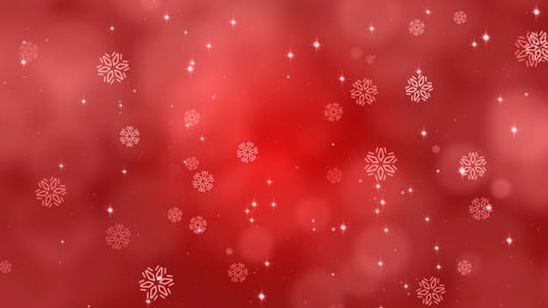 Festive Red Background with Falling Snowflakes and Glittering Particles
