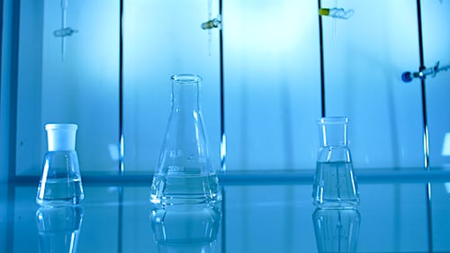 Laboratory Glassware with Liquids for Science Research