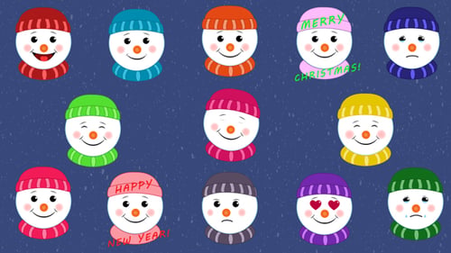 Animated Flat Design Snowmen Heads with Holiday Emotions