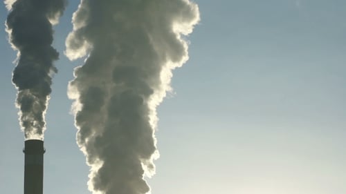 Footage Industrial Chimneys Emits Toxic Pollutants Into The Sky Polluting The Environment