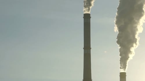 Footage Industrial Chimneys Emits Toxic Pollutants Into The Sky Polluting The Environment
