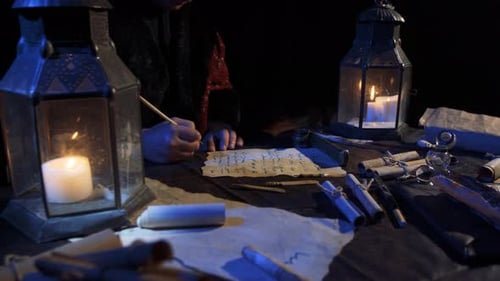 Writing Letter with Quill and Candlelight at Night