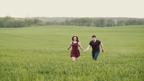 A Couple in Love Running Through a Wheat Field, Holding Hands, Smiling, , Steadicam Shot