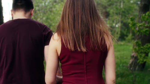 Back View of Romantic Young Couple in Love Walking in Forest, Holding Hands, Talking and Smiling