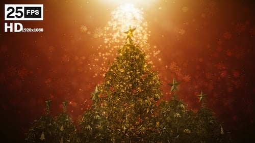 Festive Golden Christmas Tree with Sparkling Lights Background