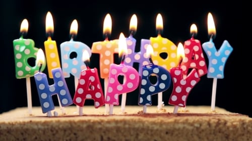 Burning Candles That Spell Happy Birthday on Cake