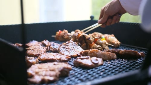 Barbecue With Delicious Grilled Meat On Grill. Barbecue Party
