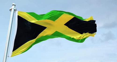 Jamaica Flag Waving in Realistic Slow Motion Loop Against Blue Sky