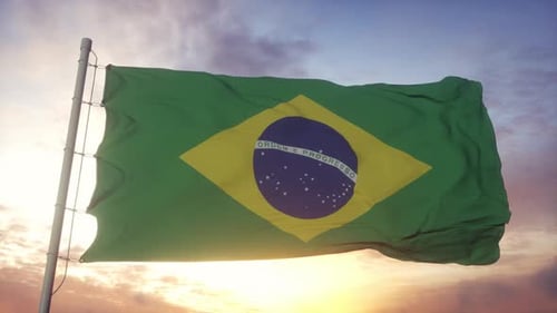 Realistic Brazilian Flag Waving at Sunset Animation