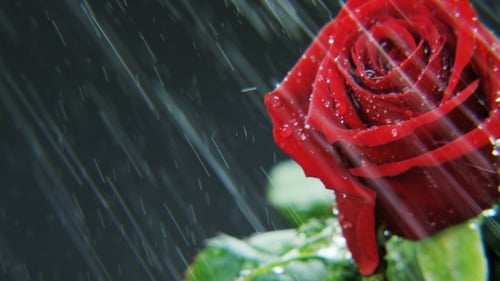 Close-up of Red Rose in Gentle Rain