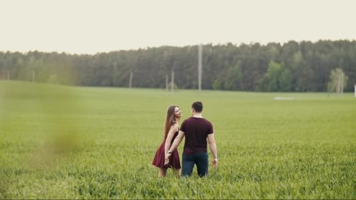 Man and Woman in Love. Couple Walking in an Oat Field, Kissing, Hugging. Woman in Red Dress Touches