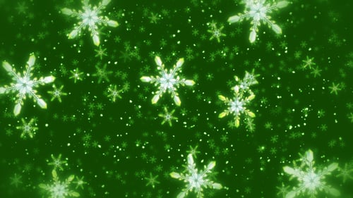 Festive Green Background with Falling Sparkling Snowflakes Animation