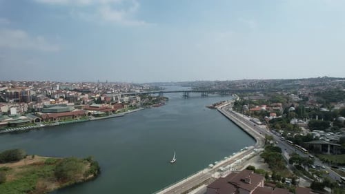 Aerial View of Cityscape River and Bridges