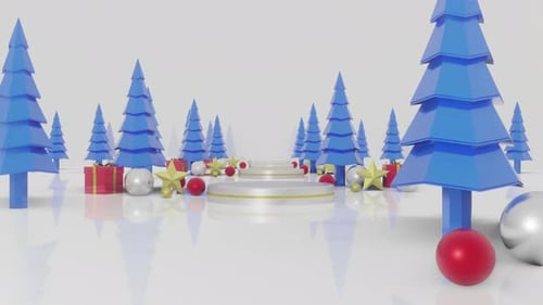 Animated 3D Christmas Scene with Podiums and Festive Ornaments