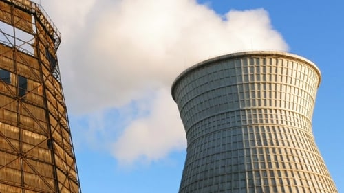 Water Cooling Tower Stack Smoke Over Blue Sky