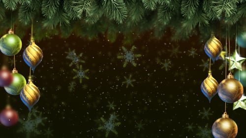 Animated Christmas Border with Ornaments, Pine, and Falling Snow