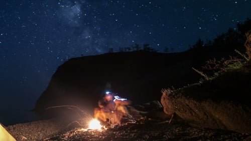 Étoiles mobiles au-dessus de la tente la nuit