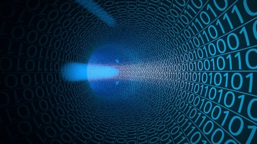 Particles Moving Through Abstract Blue Tunnel Made with Zeros and Ones