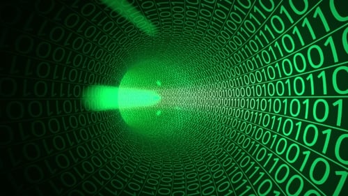 Particles Flying Through Green Tunnel Made with Zeros and Ones