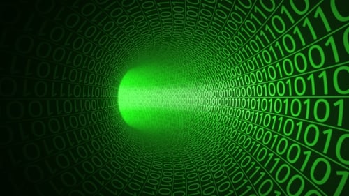 Flight Through Abstract Green Tunnel Made with Zeros and Ones