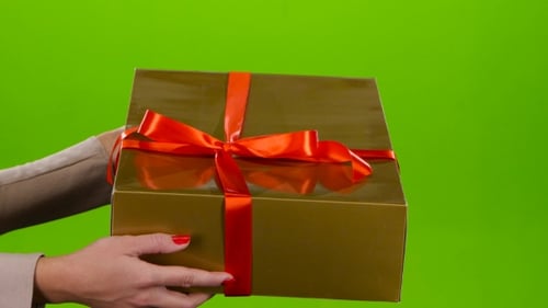 Demonstration of a Large Golden Gift with Red Bow. Studio