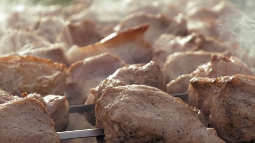 Barbecue Skewers with Meat Cooking on the Grill