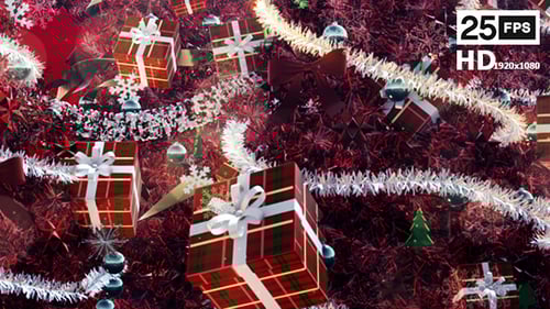 Festive Christmas Animation with Gifts, Baubles, and Tinsel