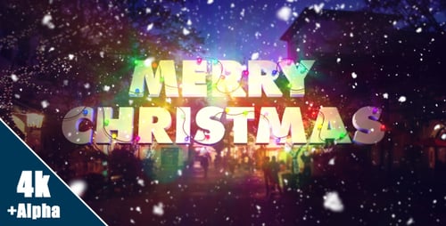 Merry Christmas Text Title with Glowing Lights and Falling Snow