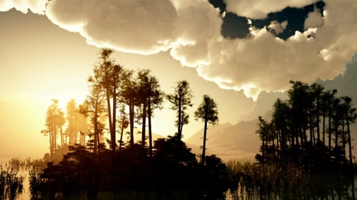 Golden Sunset Over Serene Landscape with Moving Clouds