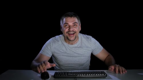 Man Happily Surprised By Viewing News Online. Emotions of Surprise