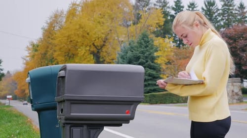 Caucasian Woman Takes the Mail From the Mailbox - Countryside in USA