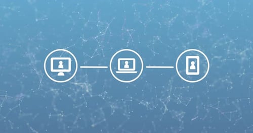 Animation of three white digital computer interface icons with plexus structure on blue background