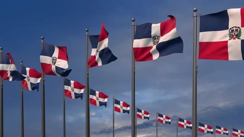 Dominican Republic Flags Waving in Blue Sky