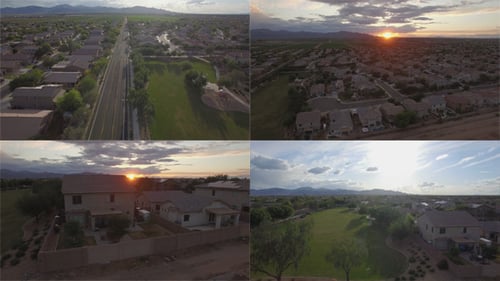 Suburban Neighborhood Aerial at Sunset, Rural Landscape