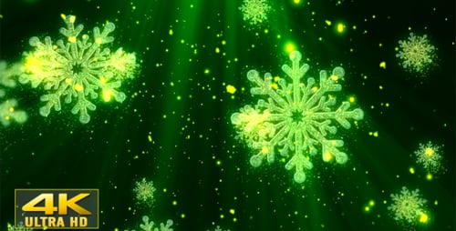 Falling Green Glowing Snowflakes with Sparkling Particles