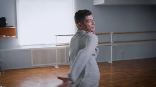 Young Professional Dancer Performs Contempo Dance in Large Dance Studio. Train Emotional Dance