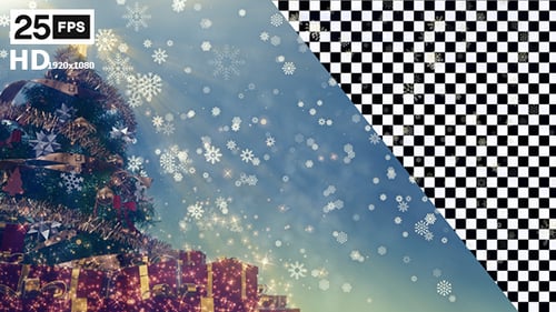 Festive Christmas Tree with Falling Snow and Presents Background